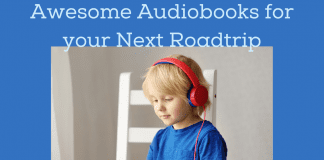 boy listening with headphones on blue background with "Awesome Audiobooks for your Next Roadtrip" in text