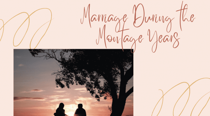 married couple sitting together with gold swirl decor and "Marriage During the Montage Years" in text