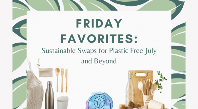 green leaves on a white background with sustainable home products with "Friday Favorites: Sustainable Swaps for Plastic Free July and Beyond" in text