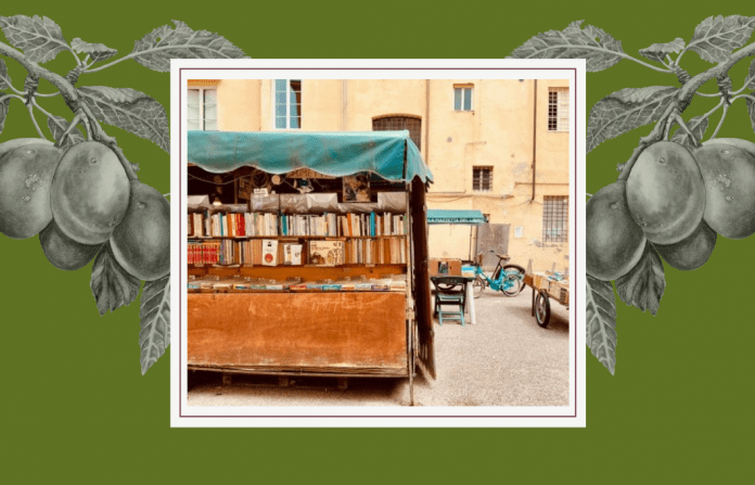pictures of Italian square on white frame with olive green background with greyscale grape vines