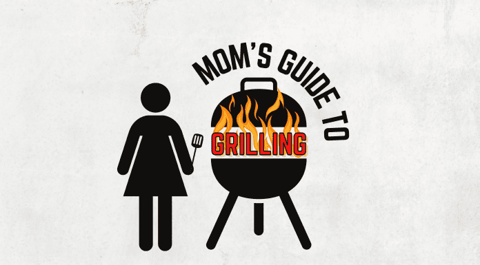 Mom's Guide to Grilling - A female silhouette holding a spatula next to a grill with fire