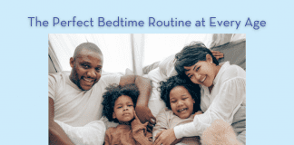 mom, dad, and 2 children in bed with "The Perfect Bedtime Routine at Every Age" in text and MMC logo