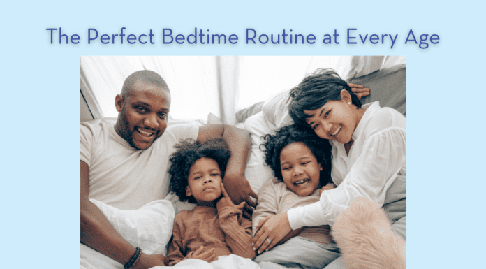 mom, dad, and 2 children in bed with "The Perfect Bedtime Routine at Every Age" in text and MMC logo