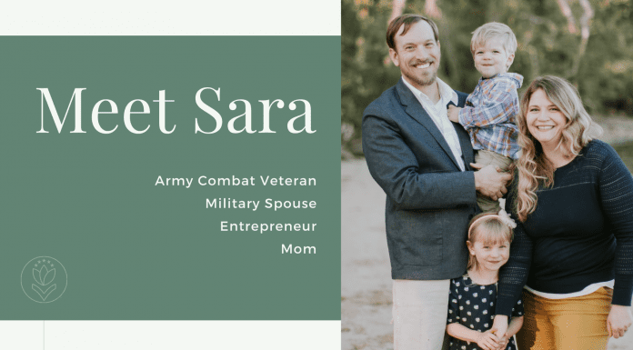 Meet Sara // Army Combat Veteran, Military Spouse, Entrepreneur, and Mom - Green background with white words and picture of Sara's family smiling at the beach (her, her husband, and two kids)