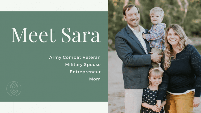 Meet Sara // Army Combat Veteran, Military Spouse, Entrepreneur, and Mom - Green background with white words and picture of Sara's family smiling at the beach (her, her husband, and two kids)