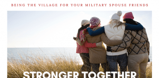 group of friends watching coast with "Being the Village For Your Military Spouse Friends" and "Stronger Together" in text and MMC logo