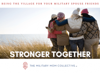 group of friends watching coast with "Being the Village For Your Military Spouse Friends" and "Stronger Together" in text and MMC logo