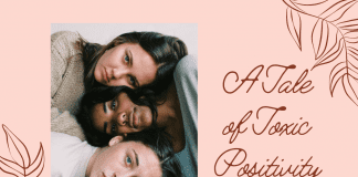 three women together on a pale coral background with "A Tale of Toxic Positivity" in text