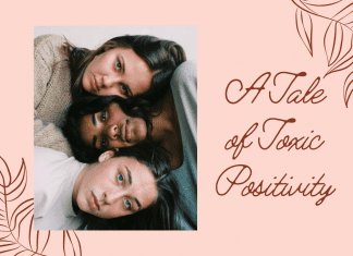 three women together on a pale coral background with "A Tale of Toxic Positivity" in text