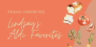 burnt orange background with various food and "Friday Favorites: Lindsay's Aldi Favorites" in text