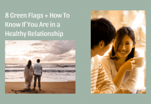 "8 Green Flags + How To Know If You Are in a Healthy Relationship" in text with sage background and images of couples