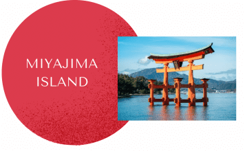 Miyajima Island on red circle with torii gate on water