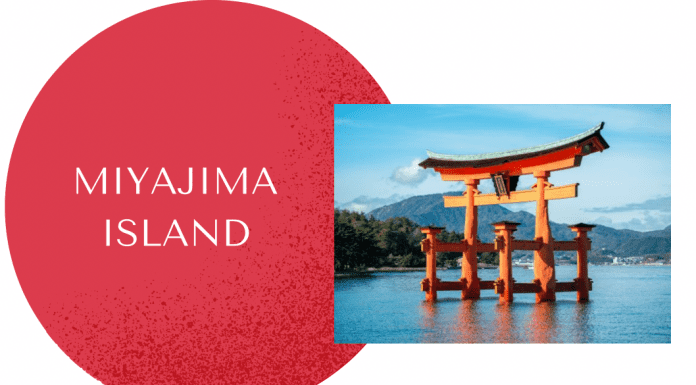 Miyajima Island on red circle with torii gate on water