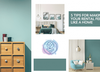 sage green and white walls with shots of a home and "5 Tips for Making Your Rental Feel Like a Home" in text and MMC logo