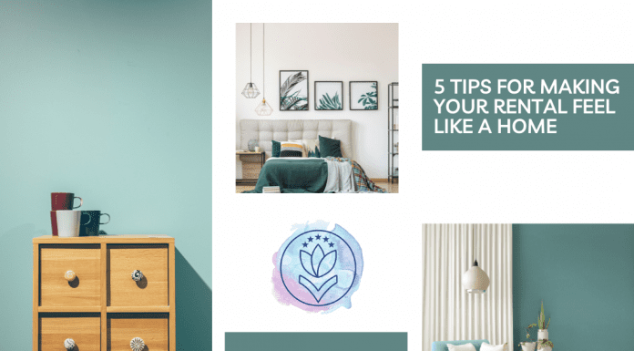 sage green and white walls with shots of a home and "5 Tips for Making Your Rental Feel Like a Home" in text and MMC logo