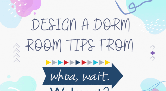 pastel colored shapes with the "Whoa, Wait. Walmart?" logo and "Design a Dorm Room Tips From" in text
