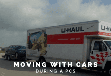 U-Haul truck towing a car and "Moving with Cars During a PCS" in text
