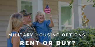 military family in front of a house with "military housing options: rent or buy?" in text