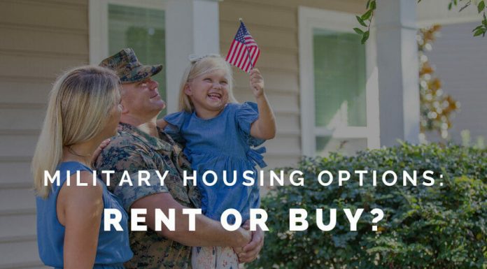 military family in front of a house with "military housing options: rent or buy?" in text