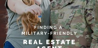 Military couple holding keys with "Finding a Military-Friendly Real Estate Agent" in text overlay