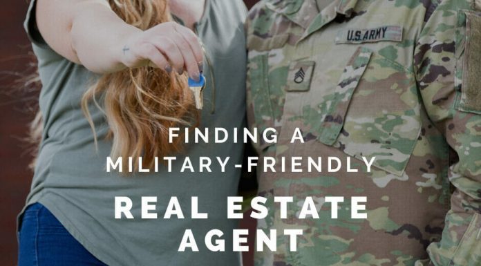Military couple holding keys with "Finding a Military-Friendly Real Estate Agent" in text overlay