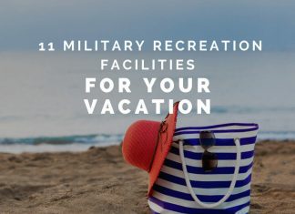 striped bag and hat on the beach with "11 Military Recreation Facilities for your Vacation" in text