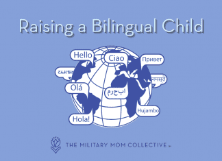 globe with different languages saying Hello with "Raising a Bilingual Child" in text and MMC logo
