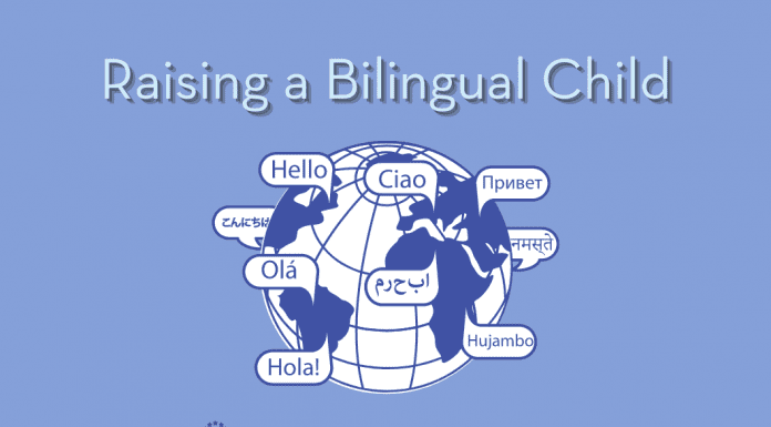 globe with different languages saying Hello with "Raising a Bilingual Child" in text and MMC logo