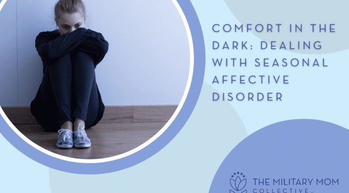 woman sitting in sadness with blue circles and "Comfort in the Dark: Dealing with Seasonal Affective Disorder" in text and MMC logo