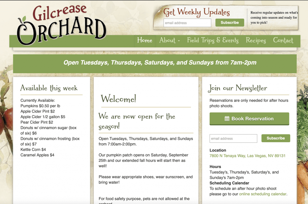 screenshot from the Gilcrease Orchard website for fall fun