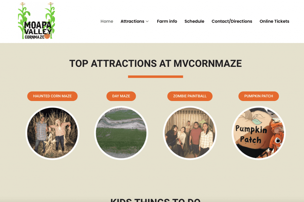 Screenshot of Moapa Valley Cornmaze website with fall activities listed