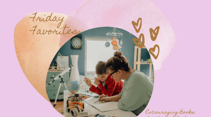 mom and son doing school at home on a pale purple background with tan and pink heart and "Friday Favorites: Encouraging Books for Homeschooling Mamas" in text