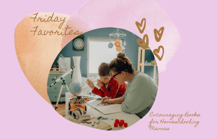 mom and son doing school at home on a pale purple background with tan and pink heart and 