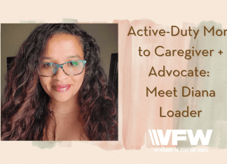 Diana Loader on pale background and watercolor images with "Active-Duty Mom to Caregiver + Advocate: Meet Diana Loader" in text and VFW logo