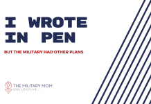 Navy blue stripes on white background with "I Wrote in Pen But The Military Had Other Plans" in text