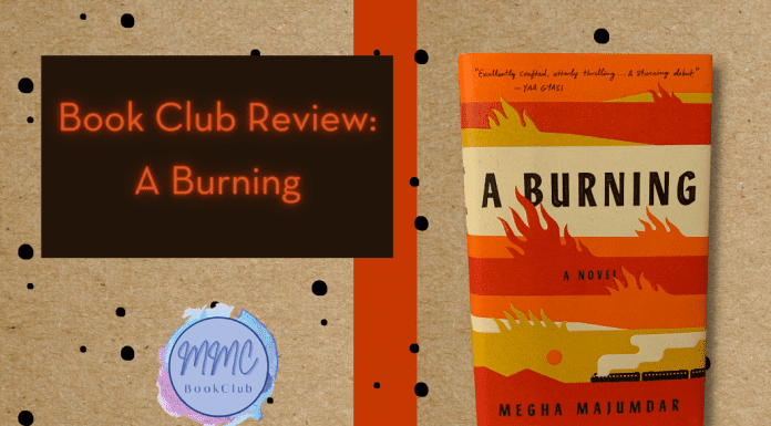 canvas paper background with black splatter dots and A Burning by Megha Majumdar book and MMC Book Club logo