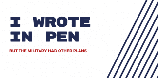 Navy blue stripes on white background with "I Wrote in Pen But The Military Had Other Plans" in text