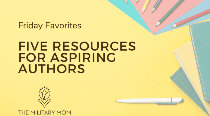 pens, pencils, notebooks, and folders on a yellow background with "Friday Favorites Five Resources for Aspiring Authors" in text and MMC logo