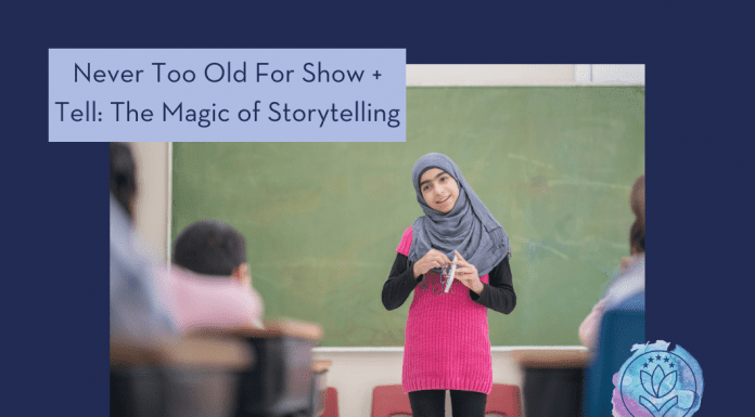girl in a classroom participating in show and tell with "Never Too Old for Show + Tell: The Magic of Storytelling" in text and MMC logo