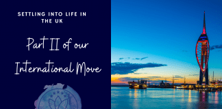 city of Portsmouth at night with "Settling Into Life in the UK" Part II of our International Move" in text with MMC logo