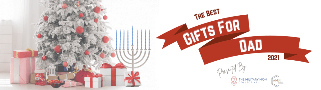 holiday tree, gifts, menorah, and decor with "The Best Gifts for Dad 2021" in text with MMC and AMSE logos