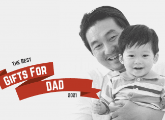 dad and son with "The Best Gifts for Dad 2021" on red holiday ribbon