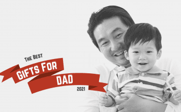 dad and son with "The Best Gifts for Dad 2021" on red holiday ribbon
