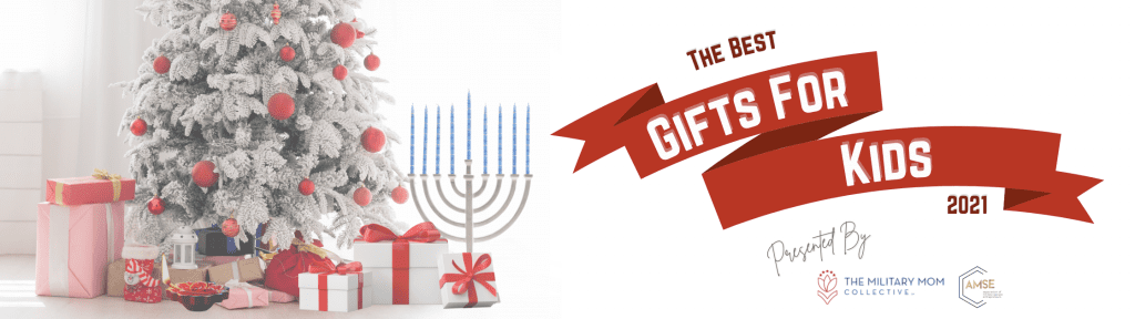 holiday tree, menorah, and gifts with "The Best Gifts for Kids 2021" in text with MMC and AMSE logos