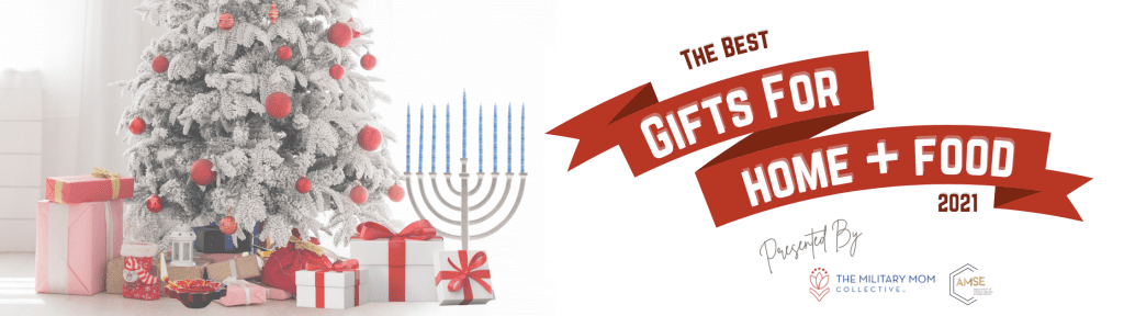 holiday gifts, tree, menorah, and kwanzaa candles with "The Best Gifts for Home + Food 2021" on a red holiday ribbon