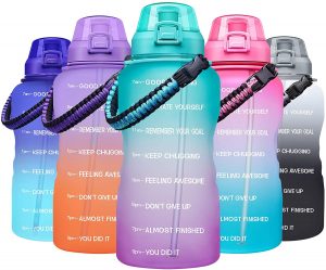 colorful water bottles with motivational messages on outside
