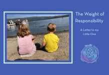 two children sitting by the seas with "The Weight of Responsibility: A Letter to my Little One" in text and MMC logo