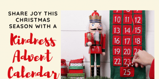 advent calendar with a nutcracker and pine garland and "Share Joy This Christmas Season with a Kindness Advent Calendar" in text and MMC logo