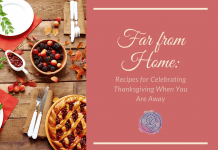 pie and berries with elegant white dishes and silverware on a table. "Far from Home: Recipes for Celebrating Thanksgiving When You Are Away" in text with MMC logo