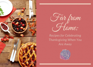 pie and berries with elegant white dishes and silverware on a table. "Far from Home: Recipes for Celebrating Thanksgiving When You Are Away" in text with MMC logo